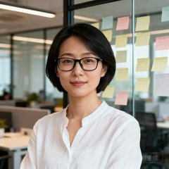 一位三十多岁的中国女性产品经理头像照片，她留着干练的短发，戴着黑框眼镜，穿着白色休闲衬衫，身处开放式办公区，背后是贴满便签的玻璃墙